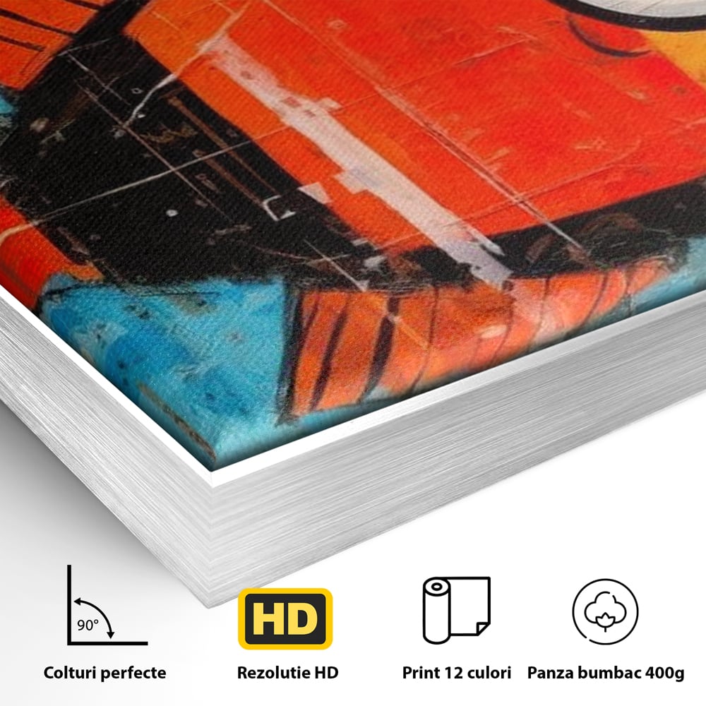 Detaliu al suprafetei: tablou canvas cu peste stilizat in stil pop art, in rama de aluminiu argintiu